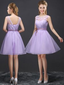 Scoop Lavender A-line Lace Bridesmaids Dress Lace Up Organza Sleeveless Mini Length