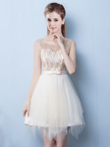Scoop Sleeveless Tulle Asymmetrical Lace Up Court Dresses for Sweet 16 in Champagne with Sequins and Bowknot