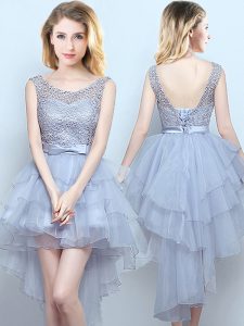 Chic Scoop Grey Lace Up Bridesmaid Dress Lace and Ruffles and Belt Sleeveless High Low