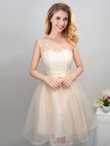 Super One Shoulder Champagne Sleeveless Tulle Lace Up Wedding Guest Dresses for Prom and Party and Wedding Party