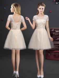 Mini Length Champagne Wedding Guest Dresses Tulle Short Sleeves Lace and Appliques and Belt