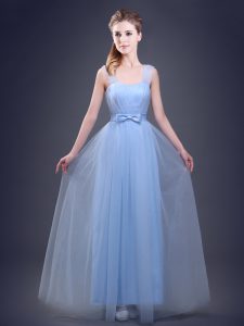 Straps Floor Length Light Blue Quinceanera Court Dresses Tulle Sleeveless Ruching and Bowknot
