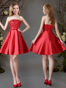 Edgy Sleeveless Satin Mini Length Lace Up Bridesmaids Dress in Red with Appliques and Bowknot