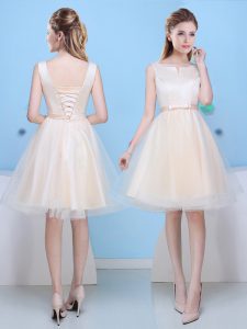 Popular Scoop Sleeveless Lace Up Bridesmaid Dresses Champagne Tulle