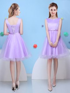 A-line Wedding Party Dress Lavender Scoop Tulle Sleeveless Knee Length Lace Up