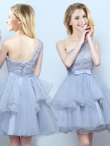 Smart One Shoulder Sleeveless Lace Up Bridesmaid Gown Grey Organza