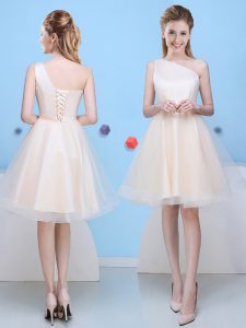 Sumptuous Champagne A-line One Shoulder Sleeveless Tulle Knee Length Lace Up Bowknot Dama Dress for Quinceanera