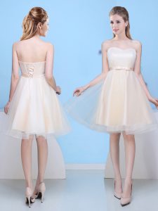 Champagne A-line Sweetheart Sleeveless Tulle Knee Length Lace Up Bowknot Dama Dress for Quinceanera