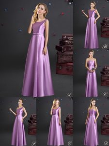 Amazing Square Floor Length Lilac Wedding Party Dress Elastic Woven Satin Sleeveless Bowknot