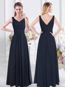 Adorable Sleeveless Chiffon Floor Length Zipper Bridesmaid Gown in Navy Blue with Ruching