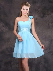 One Shoulder Baby Blue Sleeveless Ruching and Hand Made Flower Mini Length Bridesmaids Dress