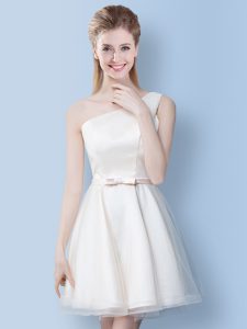 Enchanting One Shoulder White A-line Bowknot Dama Dress for Quinceanera Lace Up Tulle Sleeveless Knee Length