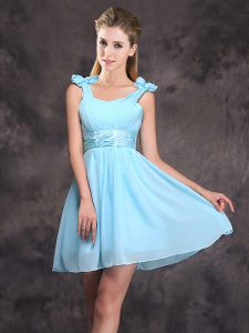Sexy Straps Mini Length Baby Blue Bridesmaids Dress Chiffon Sleeveless Ruching and Bowknot