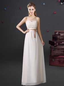 Dynamic White Sleeveless Floor Length Lace and Appliques and Belt Lace Up Vestidos de Damas