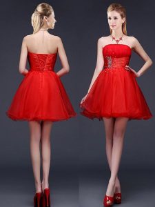 Custom Design Sleeveless Mini Length Beading and Ruching and Belt Lace Up Damas Dress with Red