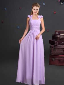 New Style Chiffon Straps Sleeveless Zipper Ruching and Hand Made Flower Damas Dress in Lavender