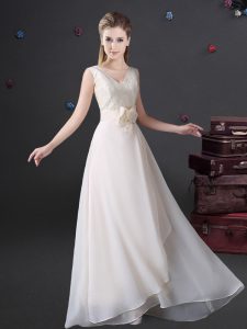V-neck Sleeveless Zipper Bridesmaid Dress White Chiffon