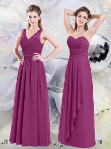 Sleeveless Chiffon Floor Length Side Zipper Bridesmaids Dress in Fuchsia with Lace and Ruching