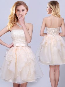 Sexy Mini Length Champagne Bridesmaid Dress Strapless Sleeveless Lace Up