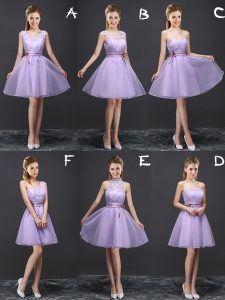 Sumptuous Lavender Sleeveless Mini Length Lace and Appliques and Belt Lace Up Wedding Party Dress