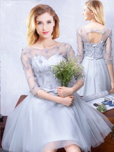 Top Selling Grey A-line Tulle Scoop Half Sleeves Lace and Appliques and Belt Knee Length Lace Up Quinceanera Court Dress