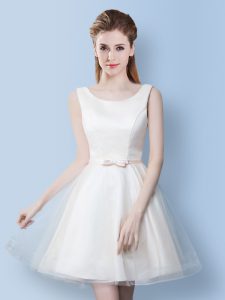 Customized White Tulle Lace Up Scoop Sleeveless Knee Length Wedding Party Dress Bowknot