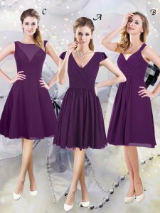 High End Purple Chiffon Zipper V-neck Cap Sleeves Knee Length Wedding Party Dress Ruching