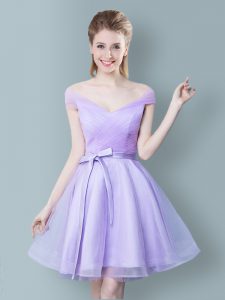 Best Cap Sleeves Tulle Knee Length Zipper Bridesmaids Dress in Lavender with Ruching and Bowknot