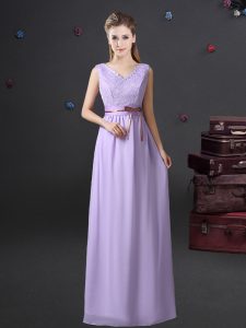 On Sale Lavender Sleeveless Lace and Belt Floor Length Bridesmaid Dress