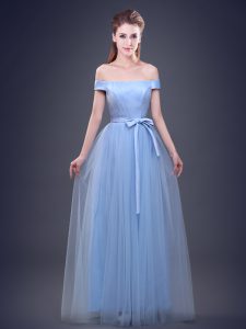 Edgy Empire Quinceanera Court of Honor Dress Light Blue Off The Shoulder Tulle Sleeveless Floor Length Lace Up