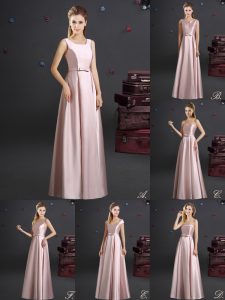 Comfortable Square Pink Sleeveless Elastic Woven Satin Zipper Bridesmaid Dress for Prom and Party and Wedding Party