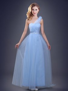 Lovely One Shoulder Floor Length Lace Up Dama Dress Light Blue for Prom and Party and Wedding Party with Beading and Ruc