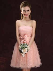 Discount Peach Tulle and Lace Lace Up Strapless Sleeveless Mini Length Bridesmaid Dress Lace and Bowknot