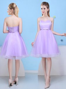 Glittering Lavender Tulle Lace Up Sweetheart Sleeveless Knee Length Bridesmaids Dress Bowknot