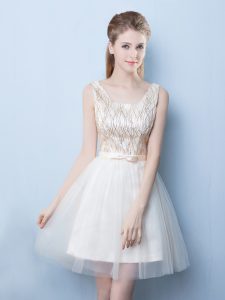 Square Sequins Champagne Sleeveless Tulle Lace Up Vestidos de Damas for Prom and Party and Wedding Party