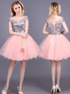 Pink Zipper Off The Shoulder Sequins Dama Dress for Quinceanera Tulle Short Sleeves