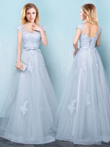Flare Scoop Tulle Cap Sleeves Floor Length Bridesmaids Dress and Appliques and Belt