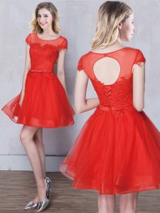 Delicate Scoop Mini Length Red Bridesmaids Dress Tulle Short Sleeves Appliques and Belt