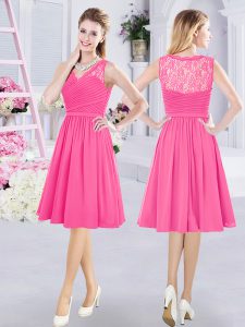 Gorgeous Knee Length Hot Pink Wedding Party Dress Chiffon Sleeveless Lace and Ruching