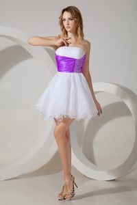 Strapless Sleeveless Damas Dress Mini Length Beading White And Purple Organza