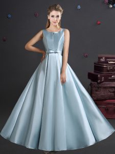 Romantic Elastic Woven Satin Straps Sleeveless Zipper Bowknot Bridesmaid Gown in Light Blue