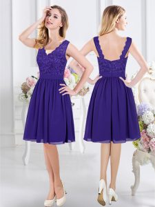 Purple Empire Chiffon Scalloped Sleeveless Lace Knee Length Zipper Bridesmaid Dress