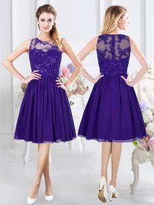 Modest Purple Chiffon Zipper Scoop Sleeveless Knee Length Wedding Party Dress Lace