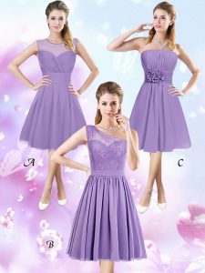 Lavender Zipper Scoop Lace and Ruching and Hand Made Flower Wedding Party Dress Chiffon Sleeveless