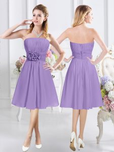 Trendy Lavender A-line Ruching and Hand Made Flower Quinceanera Court Dresses Zipper Chiffon Sleeveless Knee Length