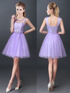 Classical Scoop Lavender Sleeveless Tulle Lace Up Bridesmaid Gown for Prom and Party and Wedding Party