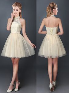 Halter Top Sleeveless Tulle Mini Length Lace Up Bridesmaid Gown in Champagne with Lace and Appliques