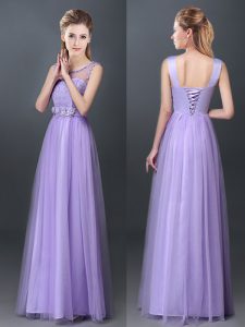 Wonderful Lavender Scoop Lace Up Lace and Hand Made Flower Court Dresses for Sweet 16 Sleeveless