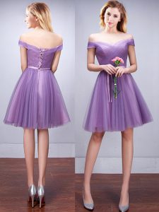Best Selling Off the Shoulder Lavender Lace Up Quinceanera Court Dresses Ruching and Belt Sleeveless Knee Length