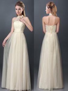 Champagne Wedding Party Dress Prom and Party and Wedding Party and For with Lace and Appliques Halter Top Sleeveless Lac